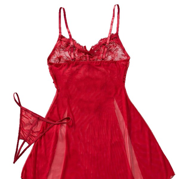Red lace sheer cami nightgown with adjustable straps and matching thong, breathable mesh seductive sleepwear for women.