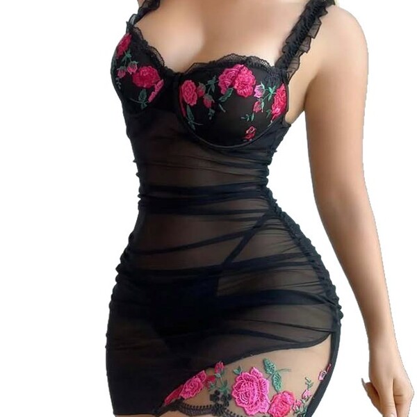 Black lace sheer nightgown with pink rose embroidery, featuring a matching bra and sensual mesh design for women.