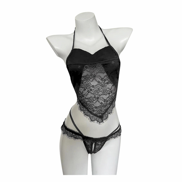 Sexy lace bodysuit with sheer design, ultra-sheer tight fit, perfect for intimate apparel and sensual sleepwear.