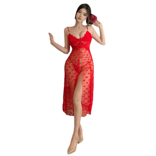Sexy european-style lace sheer sleep dress with side slit, perfect for women seeking elegant and transparent nightwear.