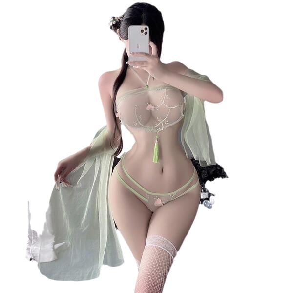 Lace sheer sleepwear set featuring delicate embroidery and tassels, inspired by hanfu style with feminine design elements. pe...