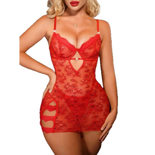 Woman wearing red luxury lace sheer sleepwear set with floral pattern, featuring a chemise and matching thong for bridal or d...