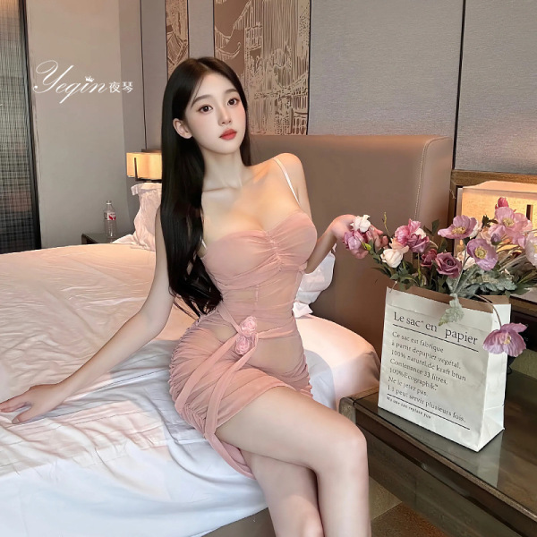 Woman wearing luxury lace sleep dress, sheer mesh bodycon nightgown with floral detail, seductive lingerie for women in bedro...