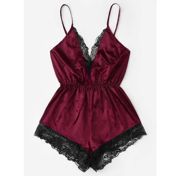 Burgundy satin sleep dress with black lace trim, v-neck, adjustable straps, and elastic waist. stylish european-inspired wome...