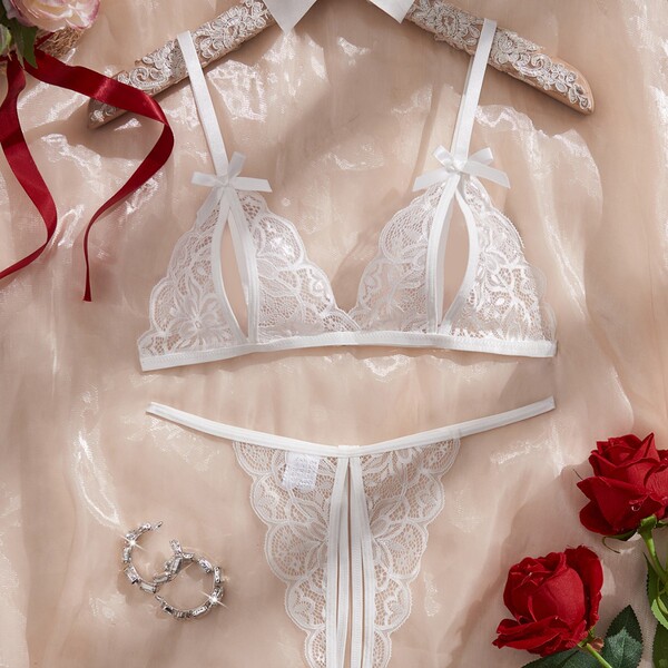 Lace sleepwear set featuring delicate white lace with bows, perfect for women seeking sexy european-american style erotic lin...