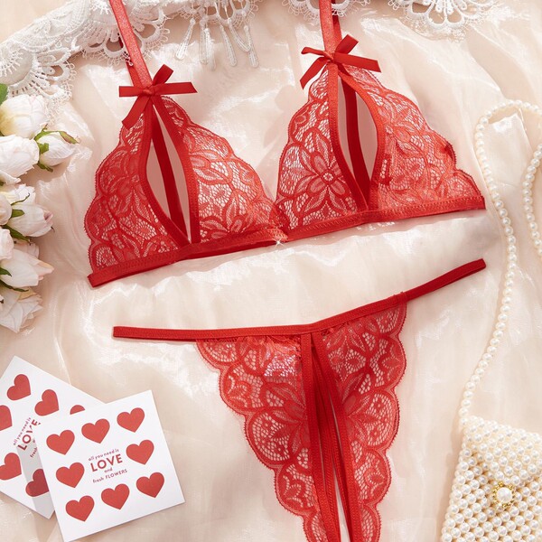 Sexy red lace sleepwear set featuring intricate patterns, perfect for women seeking european-american style erotic lingerie. ...