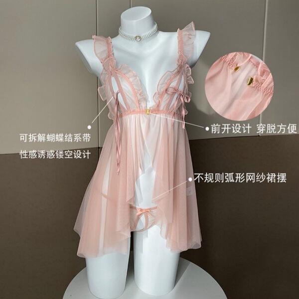 Sheer pink lace sleepwear on mannequin, featuring delicate straps and a sensual design for summer nights.