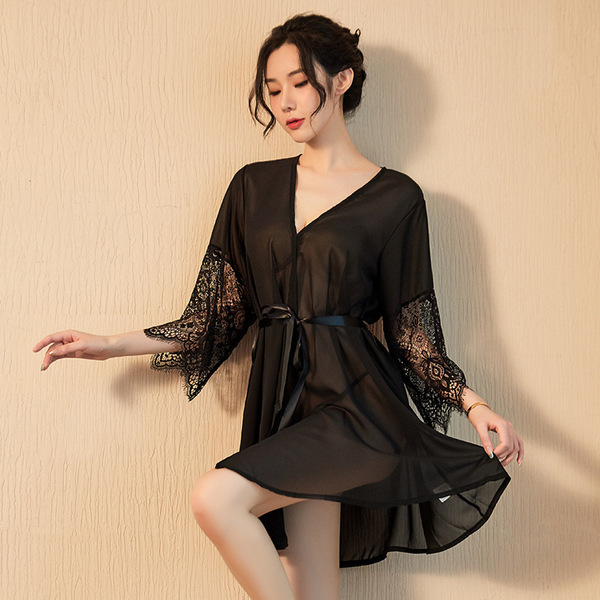 Sexy sheer black lace sleeve chiffon robe set, elegant japanese-style lounge wear with delicate lace details, perfect intimat...
