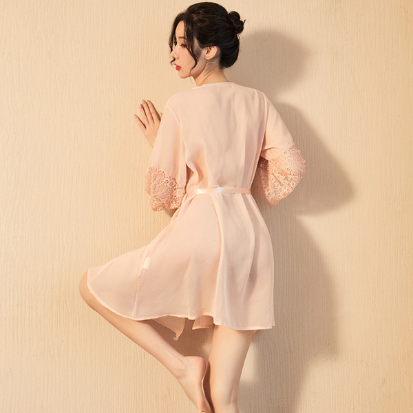 Sexy sheer lace sleeve chiffon robe set, elegant japanese-style loungewear, delicate design perfect for intimate at-home outf...