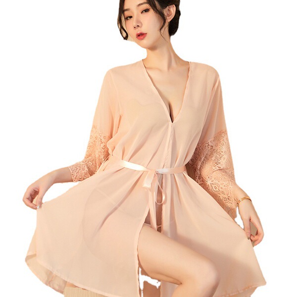 Lace sleeve chiffon robe set - sexy sheer sleepwear for women, japanese-style lounge wear & intimate at-home outfit