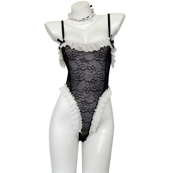 Lace temptation bodysuit featuring delicate lace design, open-crotch style with ruffled edges, perfect for bold sleepwear set...