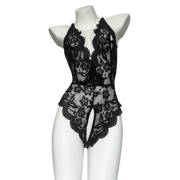 Black lace bodysuit with floral patterns, featuring an open-crotch design and sheer fabric for a sexy look.