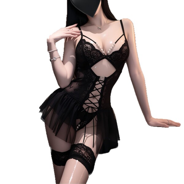 Sexy lace bodysuit with beaded tie-string design, sheer fabric, perfect for plus-size intimate wear and sleepwear.