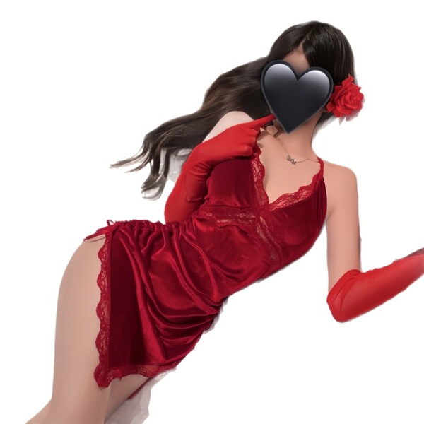Woman in red lace-trimmed backless sleep dress with cross straps, silk-look fabric, and long gloves — sexy modern qipao style...