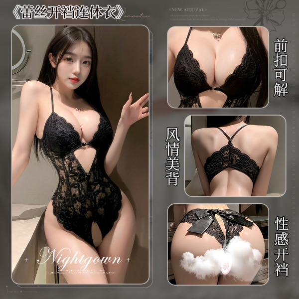 Black lace open-crotch bodysuit for women, featuring sheer floral detailing, front clasp, crisscross back, and bow accent.