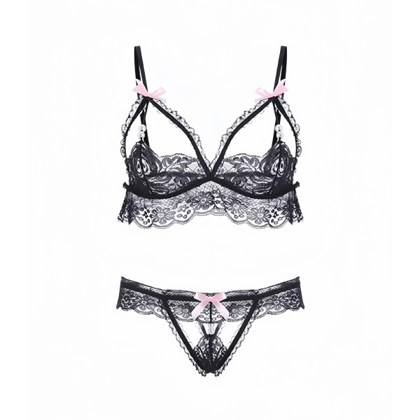 Black lace thong bra set with pink bows, featuring an open-crotch design for intimate nights and bedroom play.