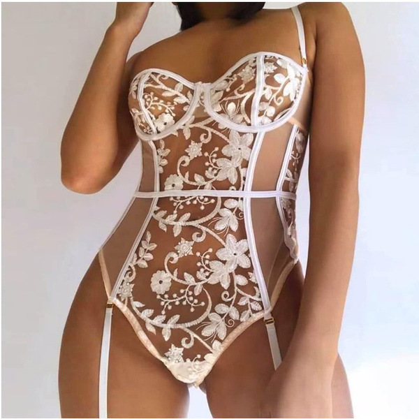 Elegant lace trim sheer mesh bodysuit featuring intricate floral patterns, perfect for european-style sexy allure.