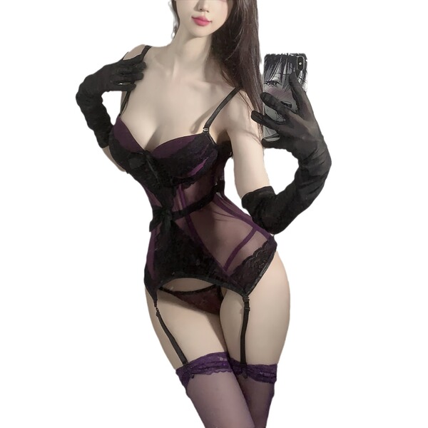 Woman wearing languifang shapewear bodysuit, a sexy strapless corset with lace detailing and matching gloves.