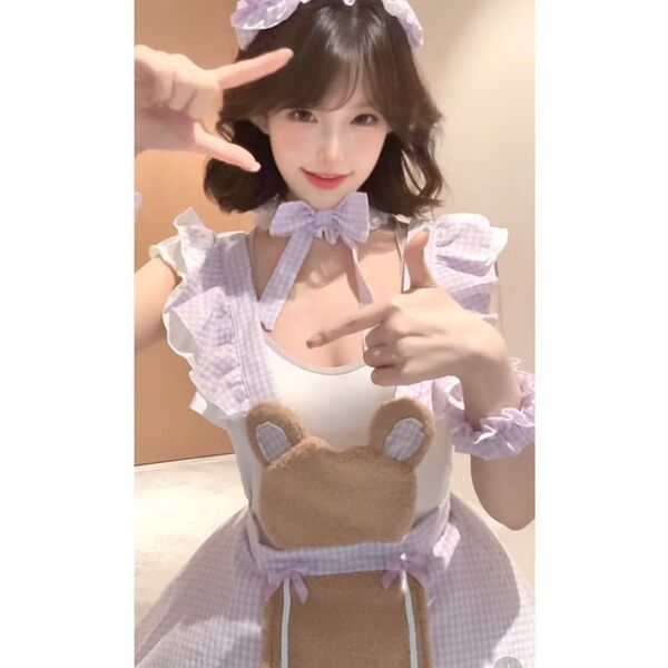Sexy Maid Costume for Women - Cute Bear Chef Outfit with Ruffles, Sweet & Playful Kitchen Uniform Set - Lavender purple (inner layer + skirt + bracelet + choker + headband)