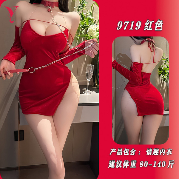 Bird Moon Sexy Christmas Red Lingerie Sleep Dress – Seductive Split Chain Costume, No-Remove Design - Red color + matching stockings + matching leash