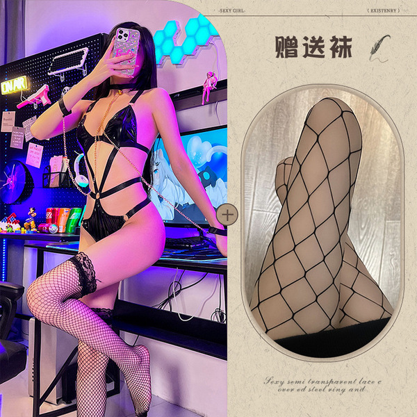 Sexy Maid Costume for Women - BDSM Bondage Outfit, Leather Queen Uniform, Cosplay Lingerie Set with Midnight Allure - Leather suit + chain + large fishnet stockings