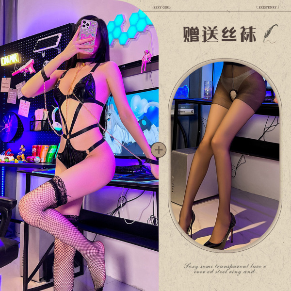 Sexy Maid Costume for Women - BDSM Bondage Outfit with Leather Queen Uniform & Cosplay Lingerie Set - Leather suit + chain + open crotch socks