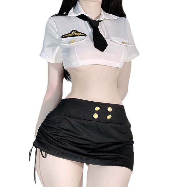 White cropped blouse with black tie and gold buttons, paired with a skintight black pencil skirt featuring side ties. lemon s...
