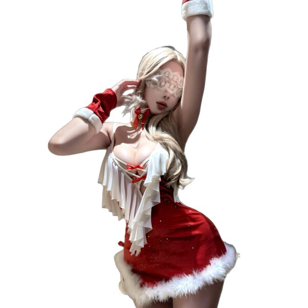 Sexy lemon story christmas costume featuring a seductive red bodysuit with white frills and santa hat, perfect for role play ...