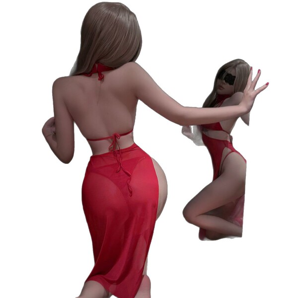 Sexy red qipao sleepwear set, featuring elegant design and sheer fabric, perfect for festive occasions or evening wear.