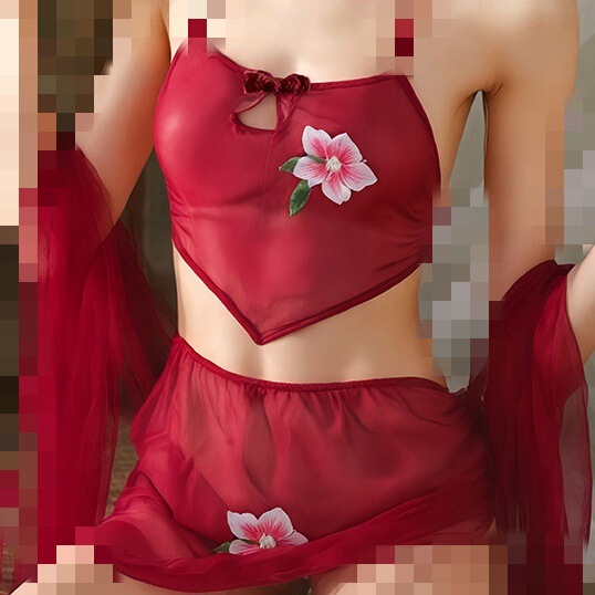Lemon tale hanfu-inspired babydoll lingerie featuring sheer mesh cheongsam style, with a sheer top adorned with floral embroi...