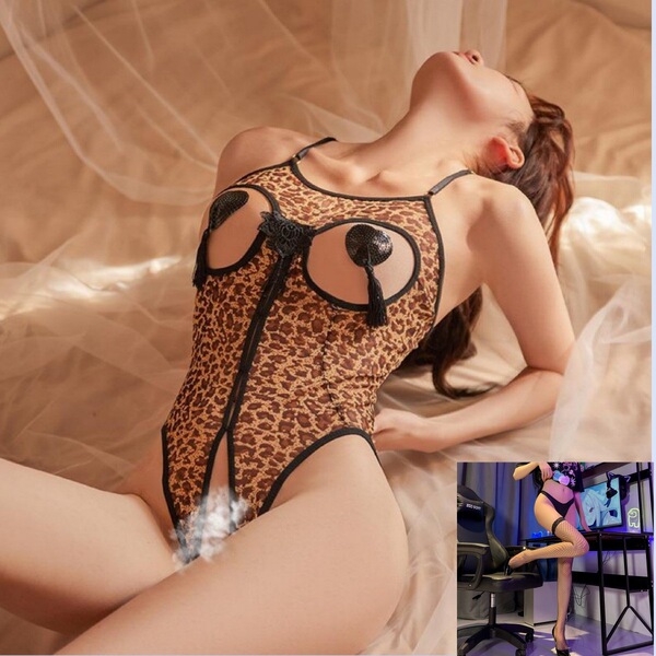 Leopard Print Lingerie Set - Seductive Sheer Bustier & Matching Bottoms, No-Remove Erotic Outfit for Women - Leopard print + black fishnet stockings