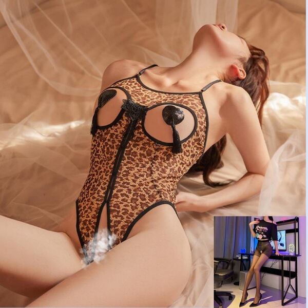 Leopard Print Lingerie Set - Seductive Sheer Bustier & Matching Bottoms, No-Remove Erotic Outfit for Women - Leopard print + black open crotch socks