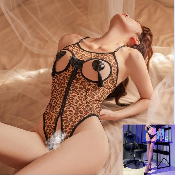 Leopard Print Lingerie Set - Seductive Sheer Bustier & Matching Bottoms, No-Remove Erotic Outfit for Women - Leopard print + black stockings
