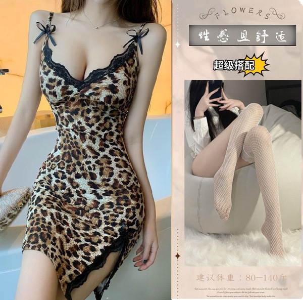 Leopard Print Lace Chemise Set - Seductive Sheer Sleepwear & Intimate Lingerie for Women - Leopard print slip dress + white fishnet stockings