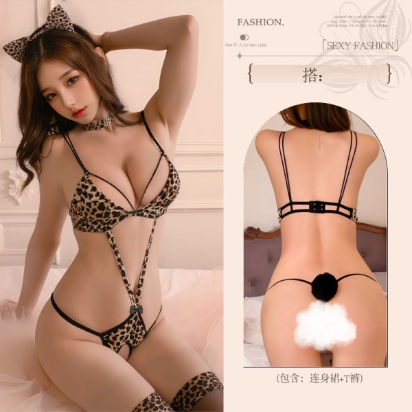 Leopard Print Sensual Sleepwear Set for Women – Busty & Petite Friendly Naughty Lingerie, Couple Matching Boudoir Outfit - Leopard print bodysuit (excluding headpiece and neck accessory)