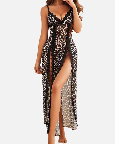 V-Neck Backless Lace Sleep Set for Women – Sexy Mesh Print Camisole & Matching Shorts - Leopard print