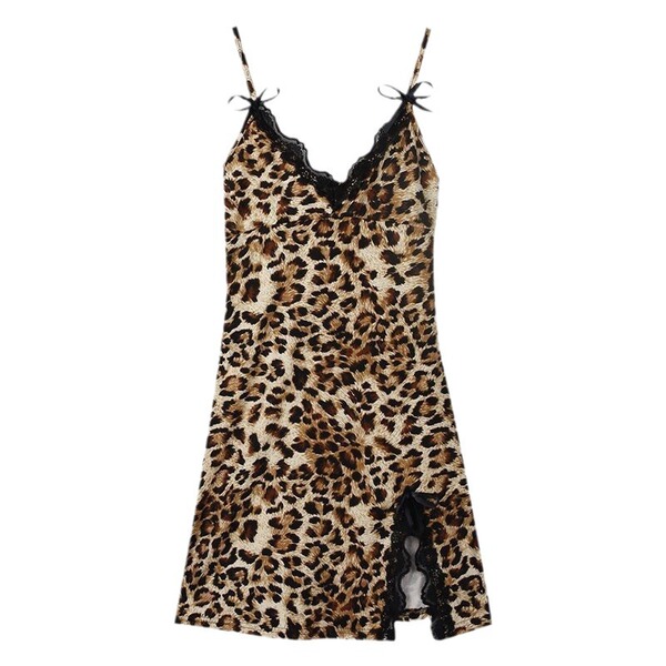 Leopard print lace chemise nightgown with bow straps and front split, perfect for romantic bedroom elegance.