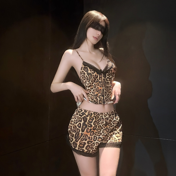 Sexy leopard print lace lingerie set for women, featuring matching sleepwear and intimate outfit with elegant lace details.