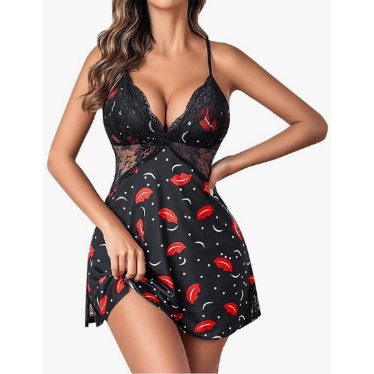 Sexy leopard print lace sleep dress for women, featuring sheer fabric and bold lips design, perfect for intimate wear.