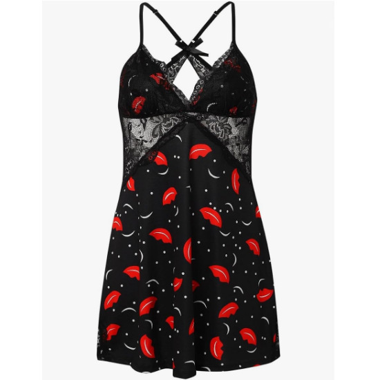 Sexy leopard print lace sleep dress for women, featuring sheer fabric and bold red lips design, perfect for intimate wear.