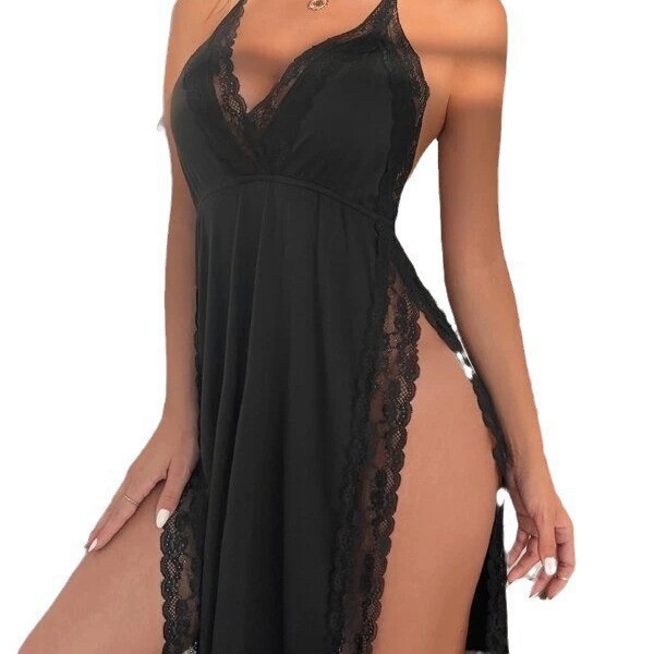 Sexy black lace sleep dress with sheer backless design, perfect for romantic evening wear. plus size option available.