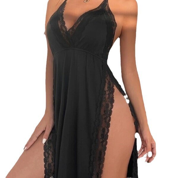 Sexy black lace sleep dress with sheer backless design, perfect for romantic evening wear. plus size option available.