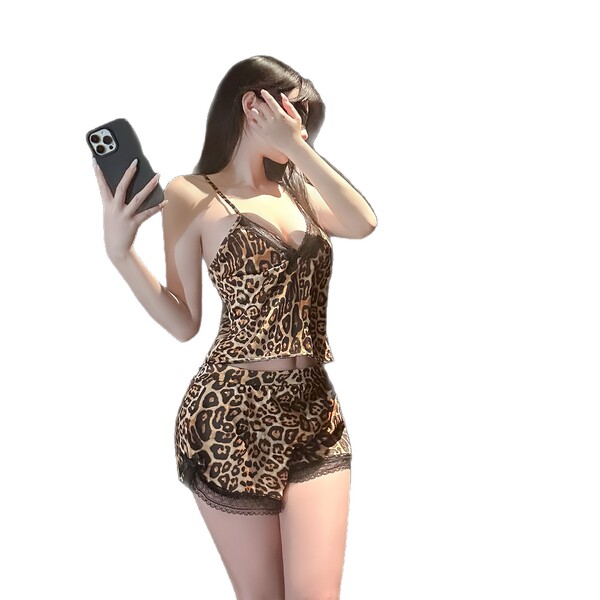 Leopard print womens lingerie set featuring luxury lace, perfect for sensual nightwear and sleepwear.