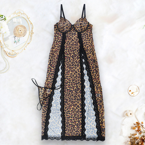 Leopard Print Sheer Lace Chemise Set - Sexy Bridal Lingerie Nightwear for Women - Yellow leopard print
