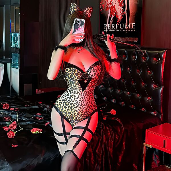 Leopard print bodysuit with open crotch design, sexy costume for women, passionate adult outfit featuring cat ears and stocki...