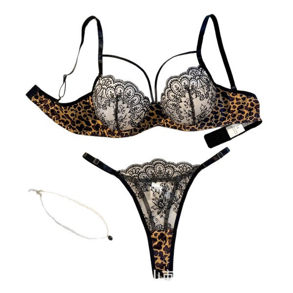 Leopard print lingerie set with sheer mesh bra and panty, featuring lace detailing and adjustable straps for women.