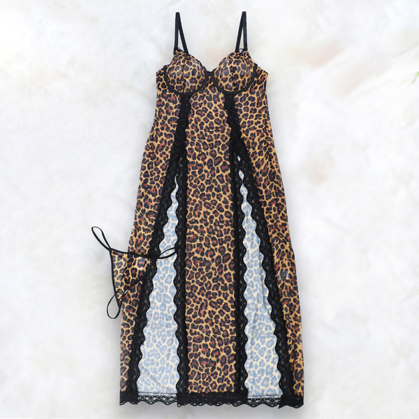 Leopard print sheer lace chemise set - sexy bridal lingerie nightwear for women