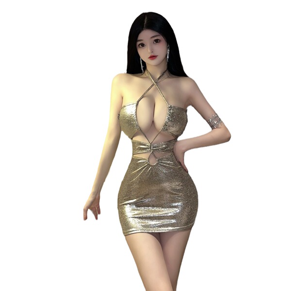 Woman wearing a gold sequined bodycon dress with cutouts, perfect for club nights.