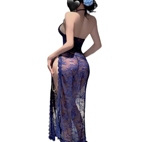 Woman wearing blue lace liberty love lingerie set with sheer chemise and garter straps, back view.
