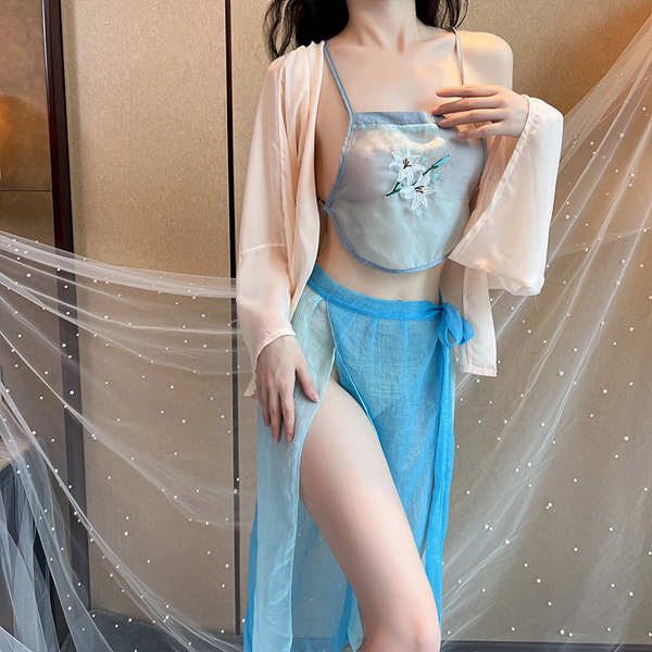 Ancient Chinese Lingerie Set - Sexy Hanfu Sleepwear with Embroidery, Busty Bodysuit & Flirty Belly Dance Costume - Light blue + black fishnet stockings